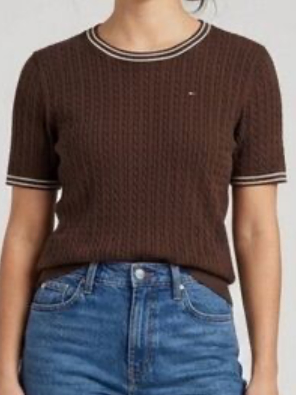 Tommy Hilfiger Brown Cable-Knit Short Sleeve Sweater with Contrast Trim